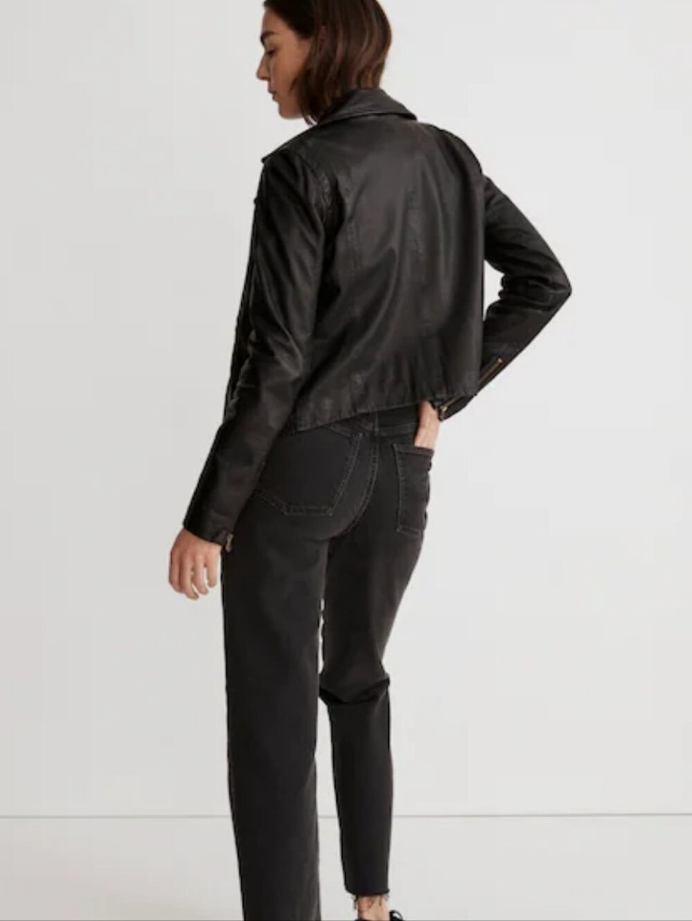 Madewell Washed Leather Motorcycle Jacket Brass Hardware Black Size Large - Picture 2 of 14